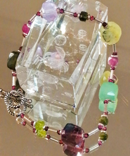 Pulsera de Fluorita, Ágata, Aguamarina, Amatista y Turmalina en cubos y Plata