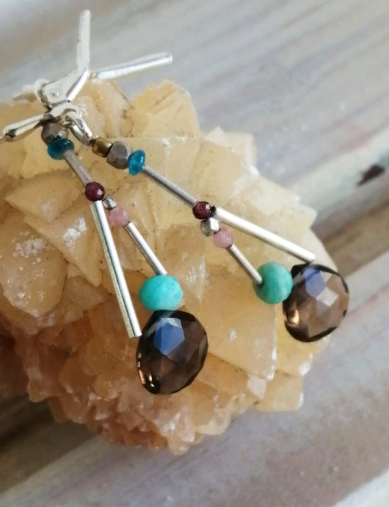 Pendientes de Plata, Gotas de Cuarzo Ahumado y Amazonita