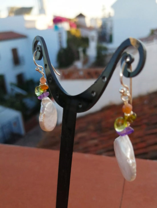 Pendientes de Perla de río grande con Amatista, Turmalina, Peridot y Plata